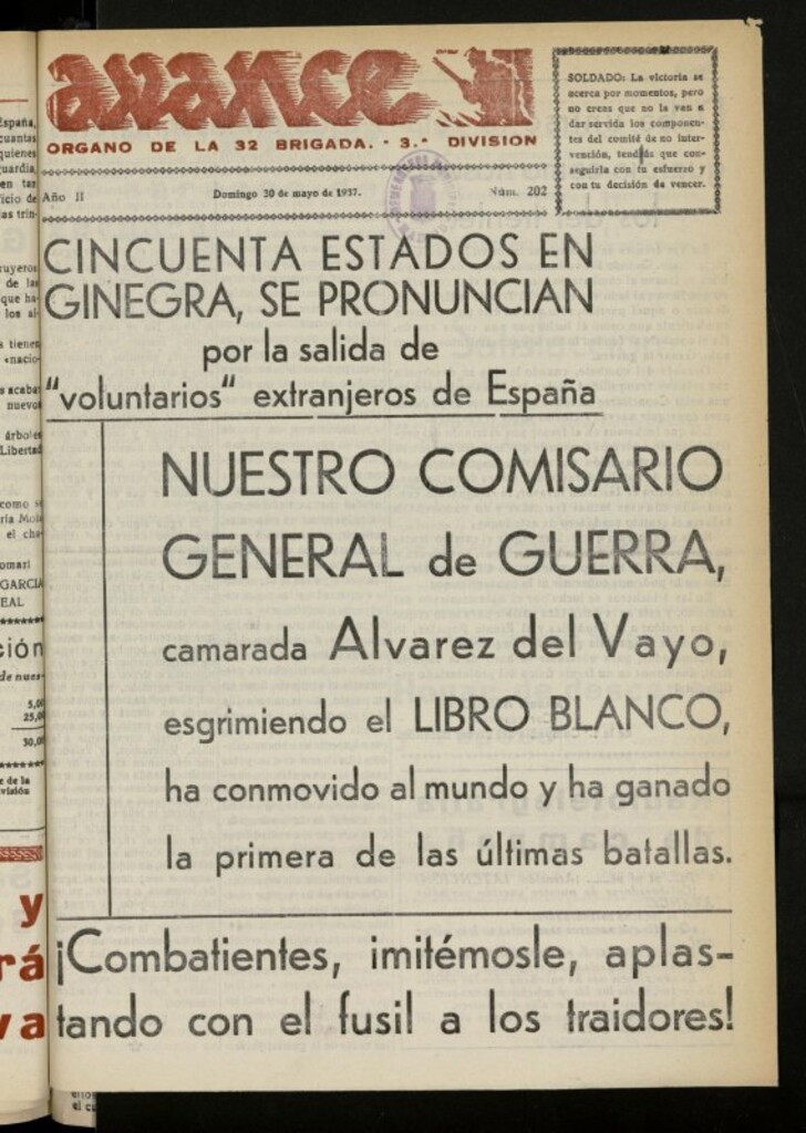 Miniatura de Avance: boletín de lucha antifascista de 30 de mayo de 1937, nº 202