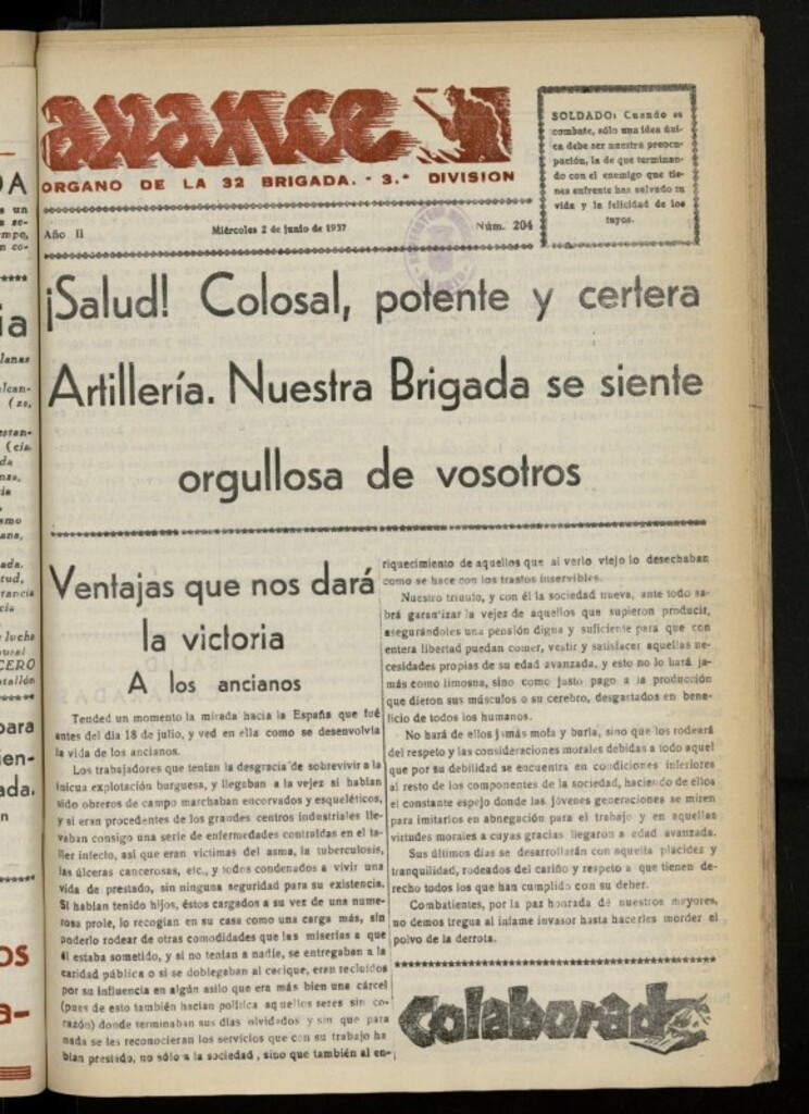 Miniatura de Avance: boletín de lucha antifascista de 2 de junio de 1937, nº 204