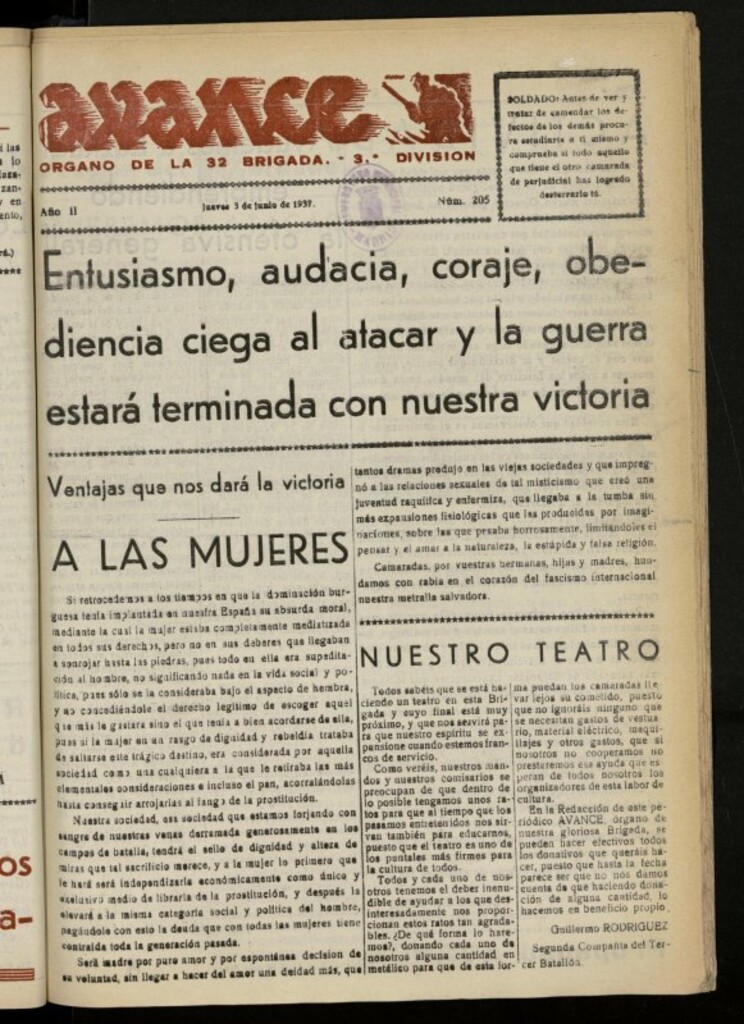 Miniatura de Avance: boletín de lucha antifascista de 3 de junio de 1937, nº 205s.