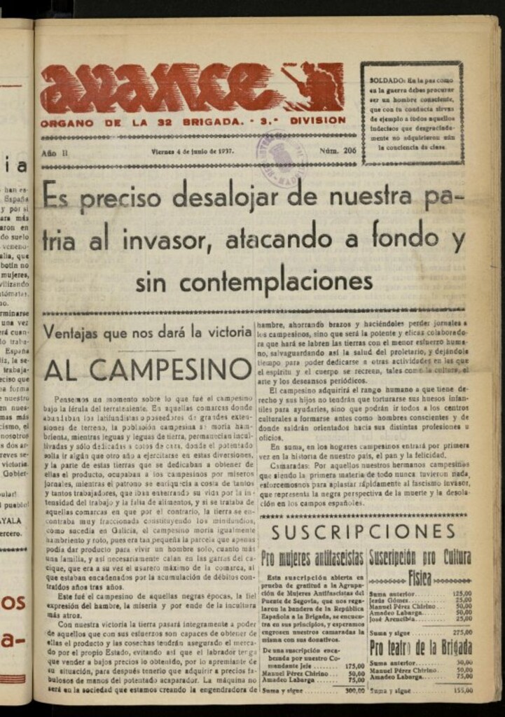 Miniatura de Avance: boletín de lucha antifascista de 4 de junio de 1937, nº 206