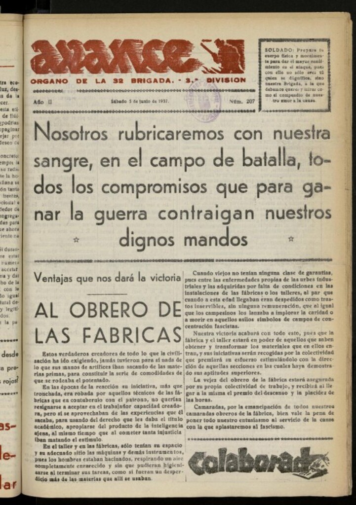 Miniatura de Avance: boletín de lucha antifascista de 5 de junio de 1937, nº 207