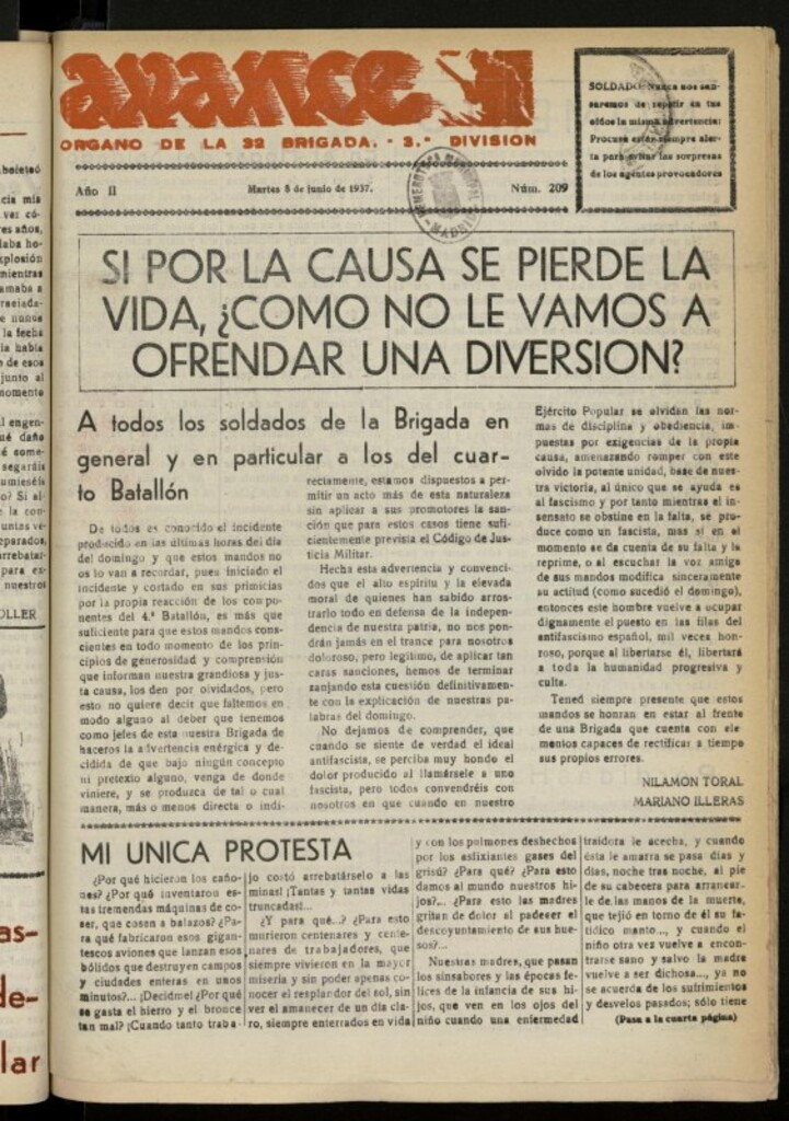 Miniatura de Avance: boletín de lucha antifascista de 8 de junio de 1937, nº 209