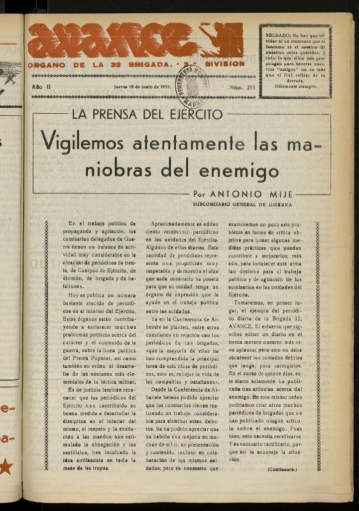 Miniatura de Avance: boletín de lucha antifascista de 10 de junio de 1937, nº 211