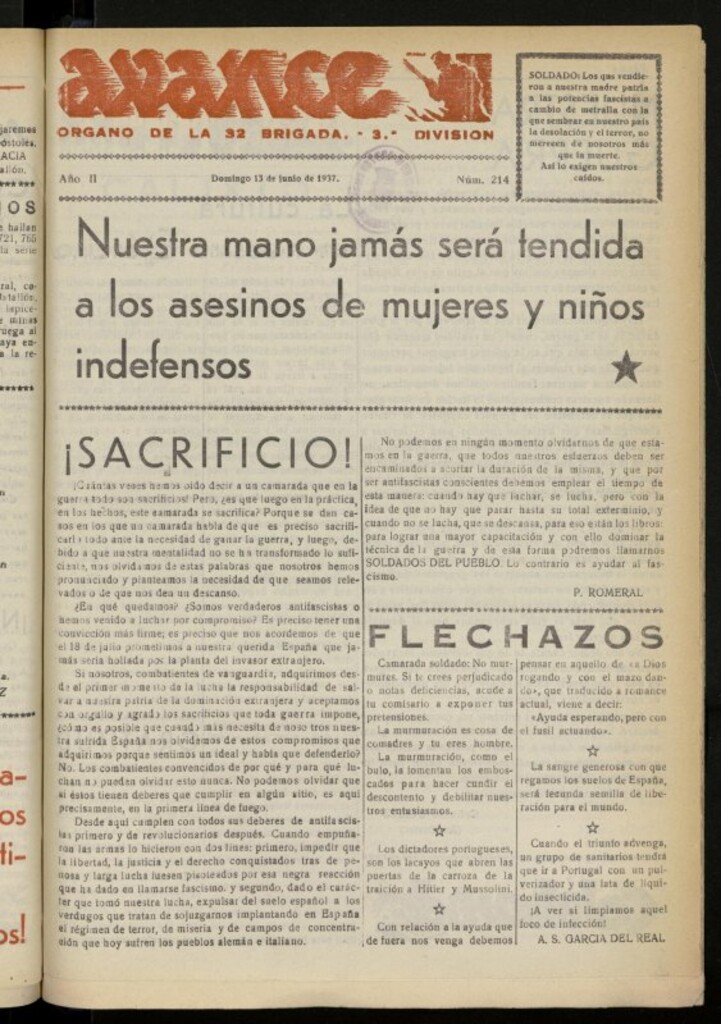 Miniatura de Avance: boletín de lucha antifascista de 13 de junio de 1937, nº 214