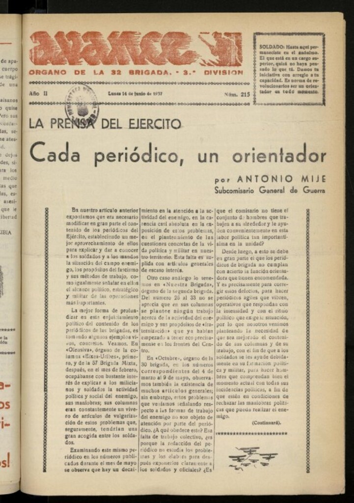 Miniatura de Avance: boletín de lucha antifascista de 14 de junio de 1937, nº 215