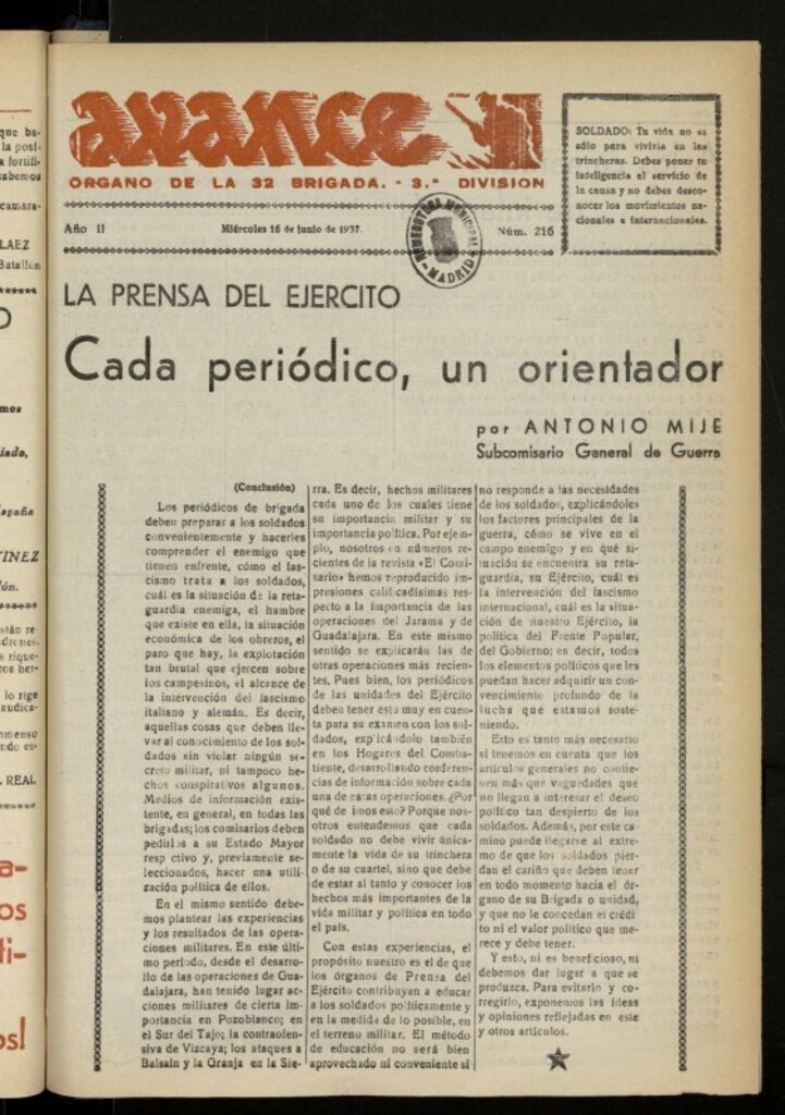 Miniatura de Avance: boletín de lucha antifascista de 16 de junio de 1937, nº 216