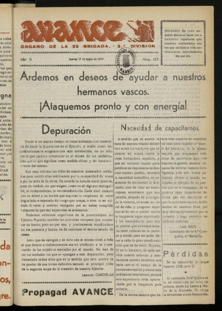 Miniatura de Avance: boletín de lucha antifascista de 17 de junio de 1937, nº 217