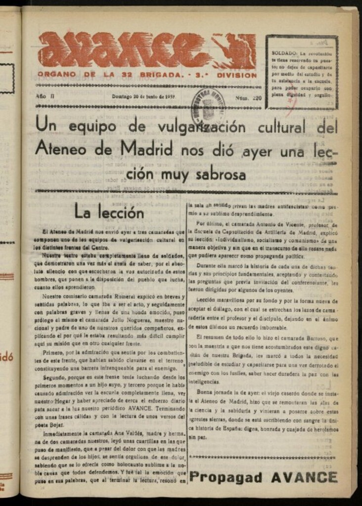 Miniatura de Avance: boletín de lucha antifascista de 20 de junio de 1937, nº 220