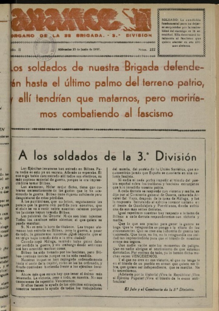 Miniatura de Avance: boletín de lucha antifascista de 23 de junio de 1937, nº 222
