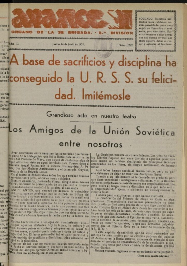 Miniatura de Avance: boletín de lucha antifascista de 24 de junio de 1937, nº 223