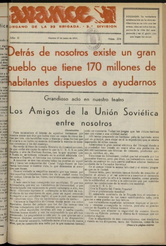 Miniatura de Avance: boletín de lucha antifascista de 25 de junio de 1937, nº 224