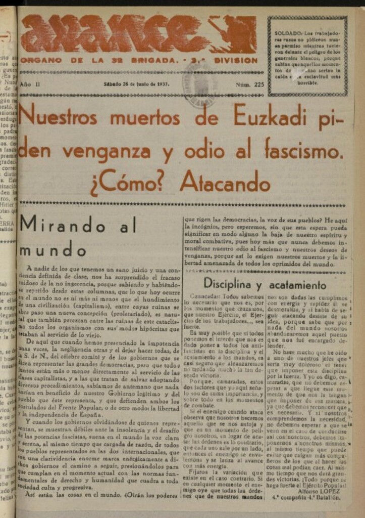 Miniatura de Avance: boletín de lucha antifascista de 26 de junio de 1937, nº 225
