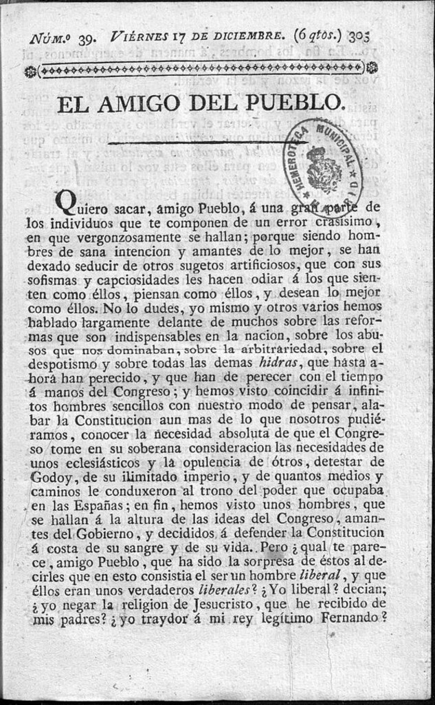 Miniatura de EL Amigo del pueblo del 17 de Diciembre de 1813