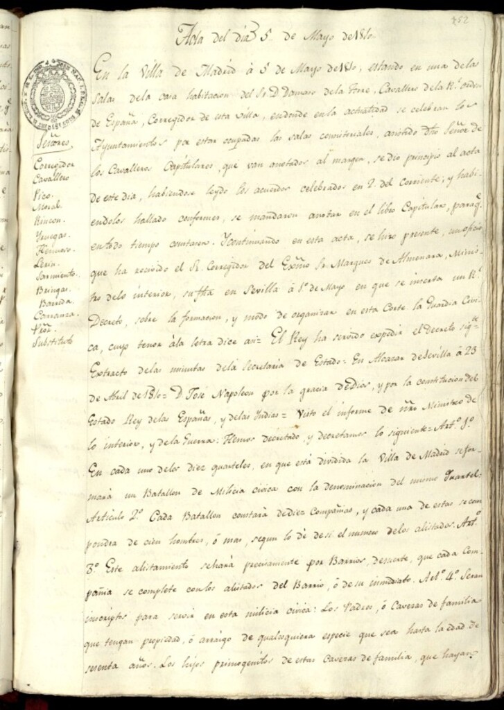 Miniatura de Libro de Acuerdos del Ayuntamiento de Madrid del 5 de mayo de 1810
