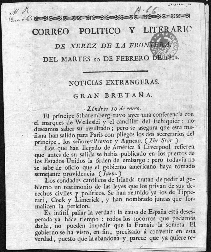 Miniatura de Correo Político y Literario de Xerez de la Frontera del martes 20 de febrero de 1810.