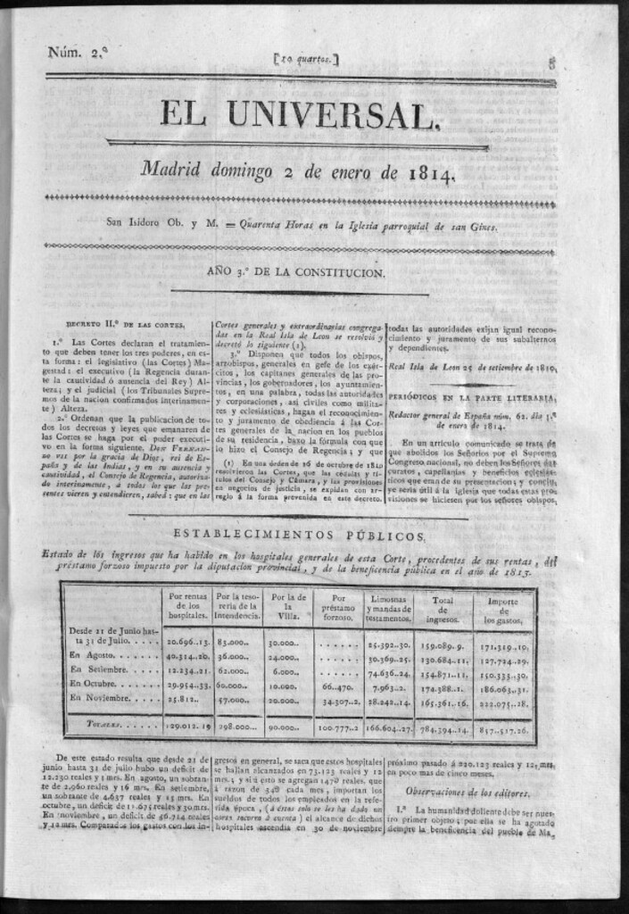 Miniatura de El Universal del domingo 2 de enero de 1814
