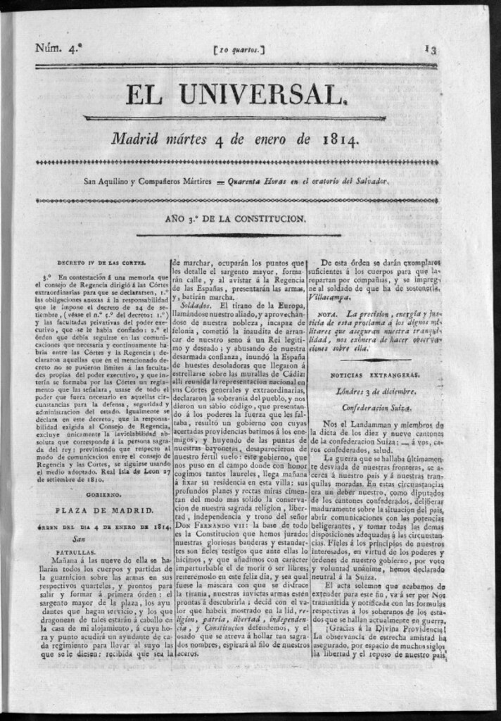 Miniatura de El Universal del martes 4 de enero de 1814