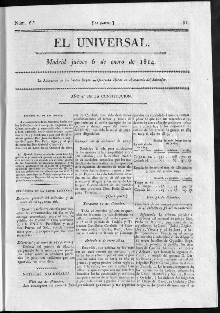 Miniatura de El Universal del jueves 6 de enero de 1814