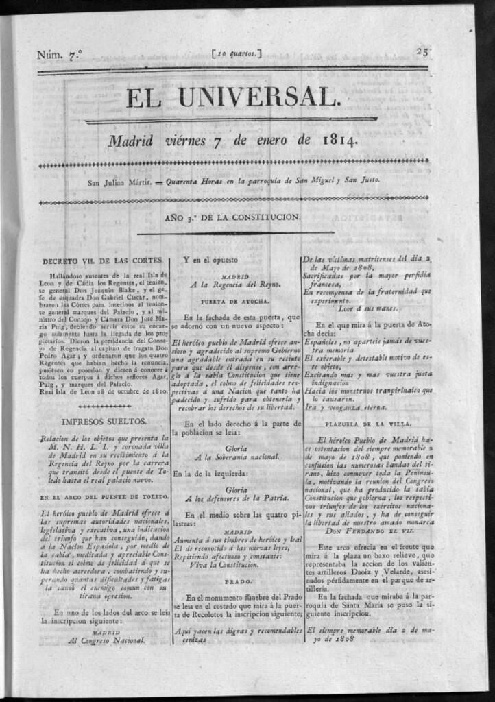 Miniatura de El Universal del viernes 7 de enero de 1814