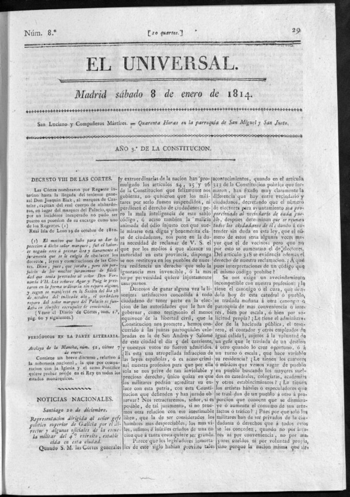 Miniatura de El Universal del sábado 8 de enero de 1814