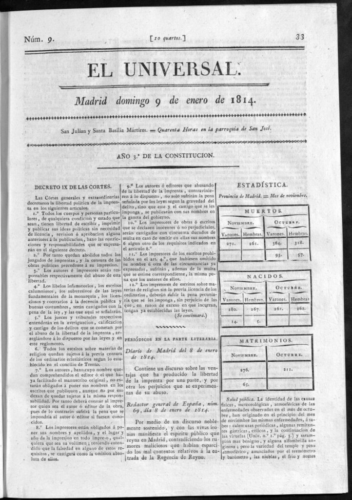 Miniatura de El Universal del domingo 9 de enero de 1814
