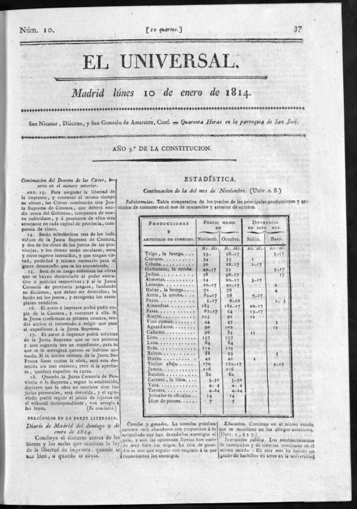 Miniatura de El Universal del lunes 10 de enero de 1814