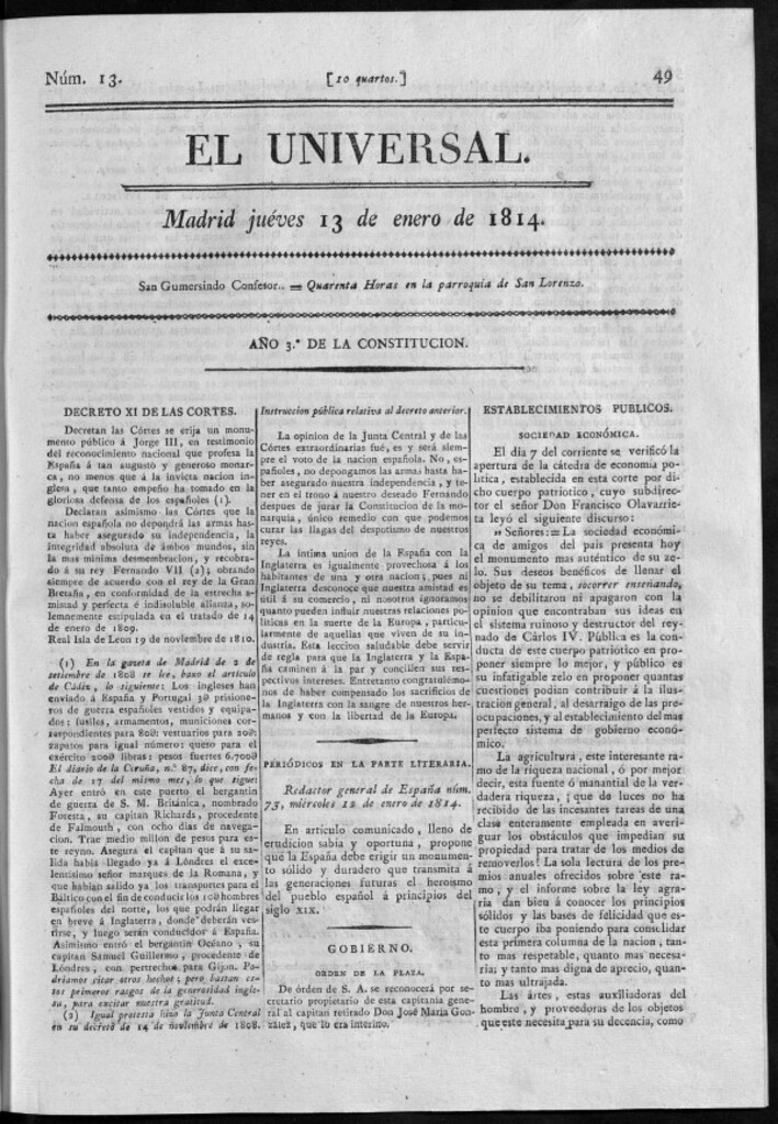 Miniatura de El Universal del jueves 13 de enero de 1814