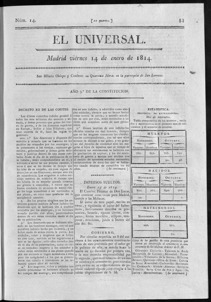 Miniatura de El Universal del viernes 14 de enero de 1814
