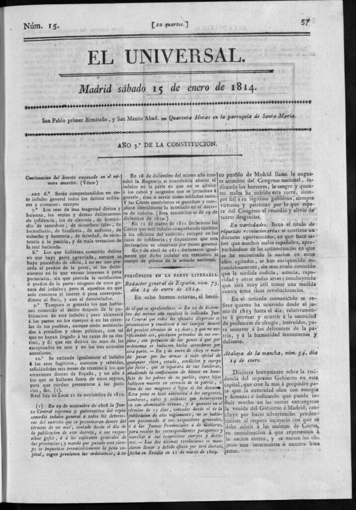 Miniatura de El Universal del sábado 15 de enero de 1814