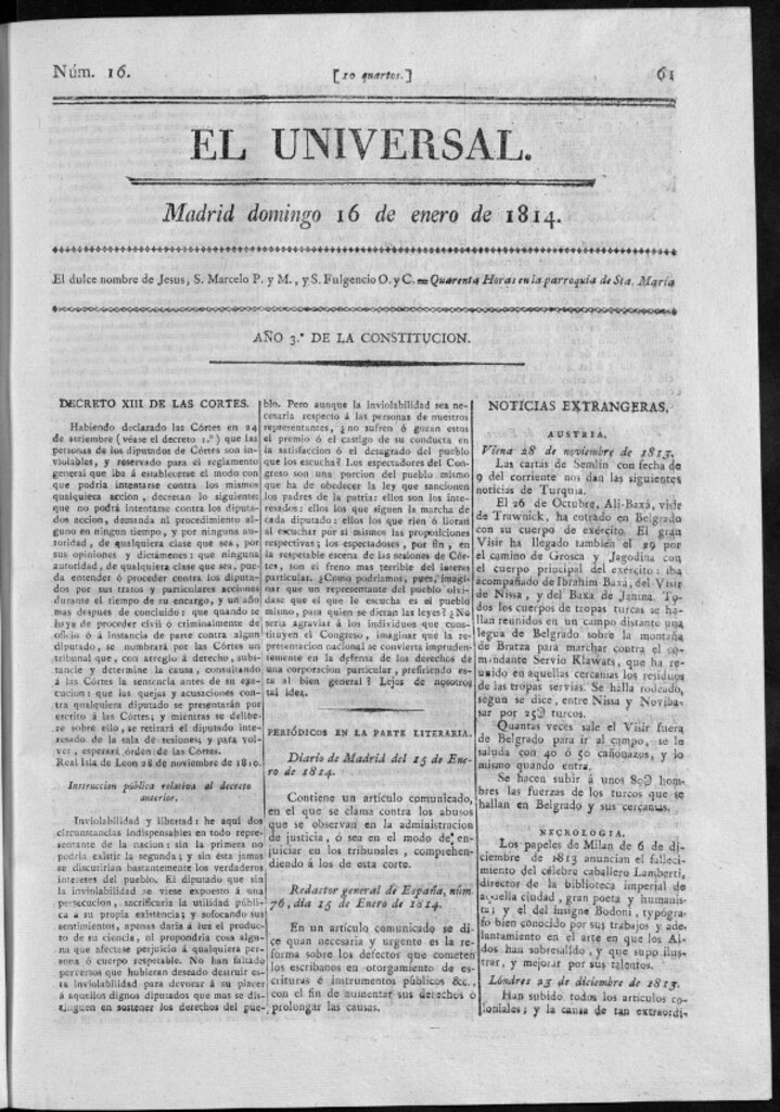 Miniatura de El Universal del domingo 16 de enero de 1814