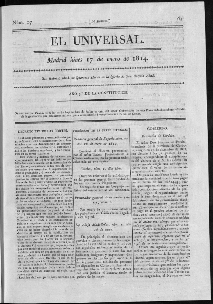 Miniatura de El Universal del lunes 17 de enero de 1814
