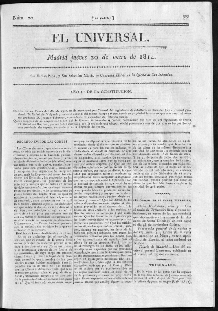 Miniatura de El Universal del jueves 20 de enero de 1814