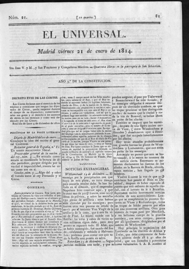 Miniatura de El Universal del viernes 21 de enero de 1814