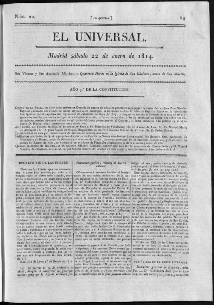 Miniatura de El Universal del sábado 22 de enero de 1814