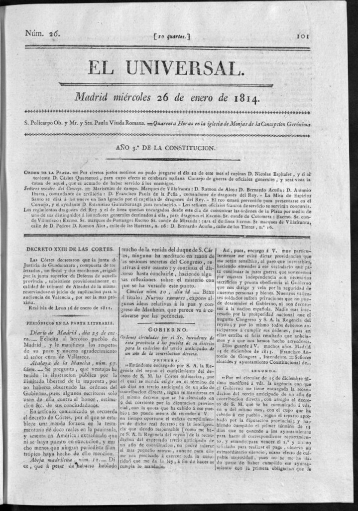 Miniatura de El Universal del miércoles 26 de enero de 1814