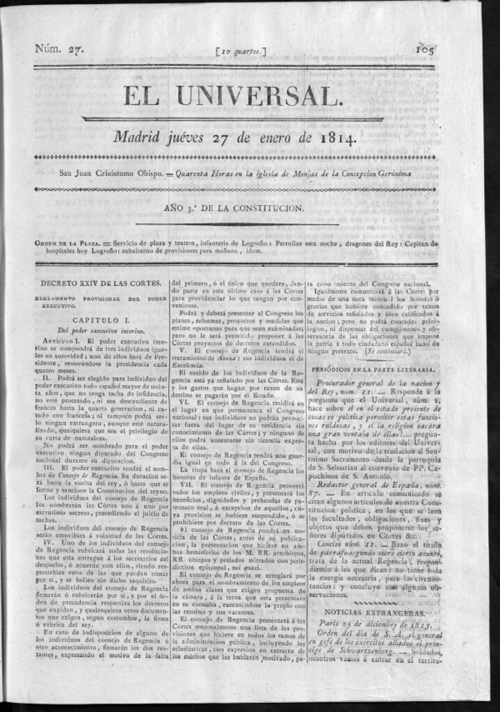 Miniatura de El Universal del jueves 27 de enero de 1814
