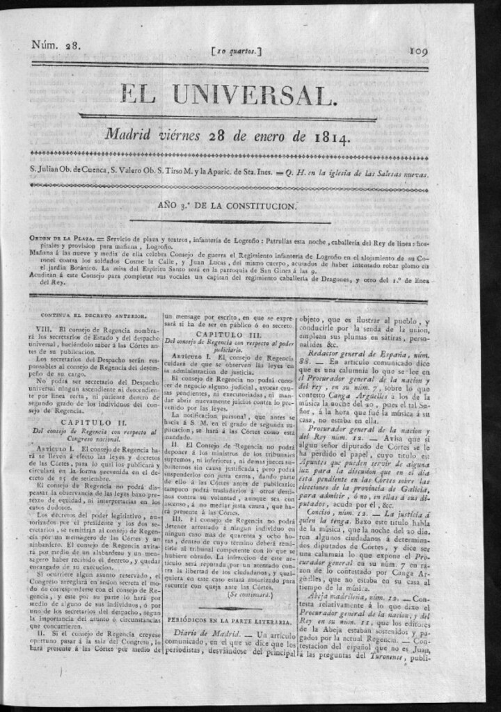 Miniatura de El Universal del viernes 28 de enero de 1814