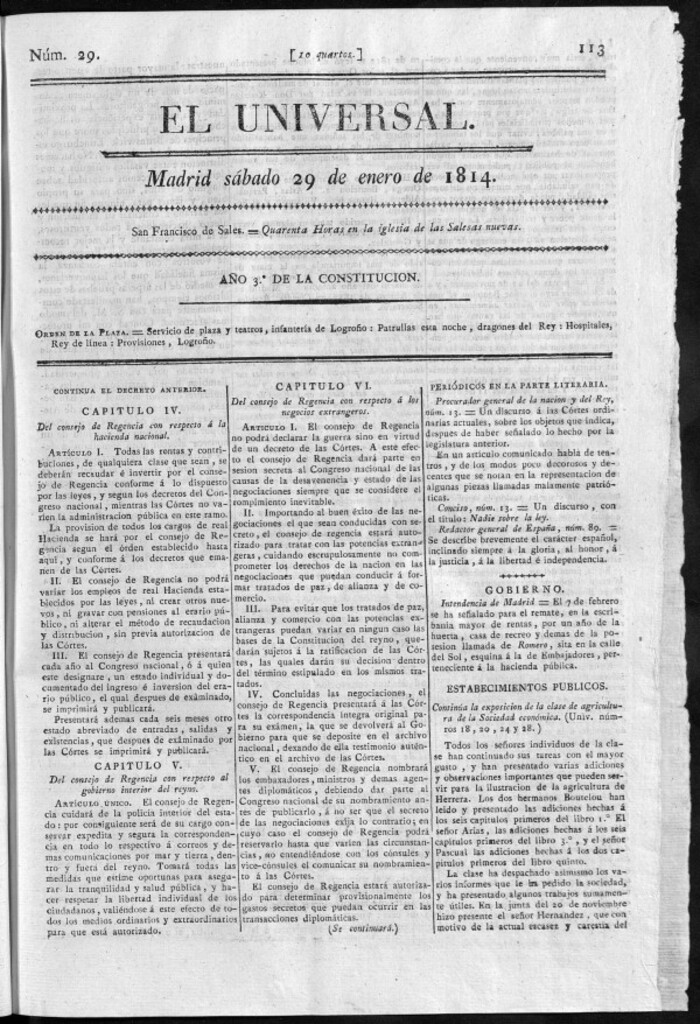Miniatura de El Universal del sábado 29 de enero de 1814