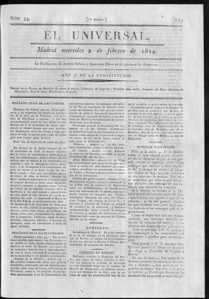 Miniatura de El Universal del miércoles 2 de febrero de 1814