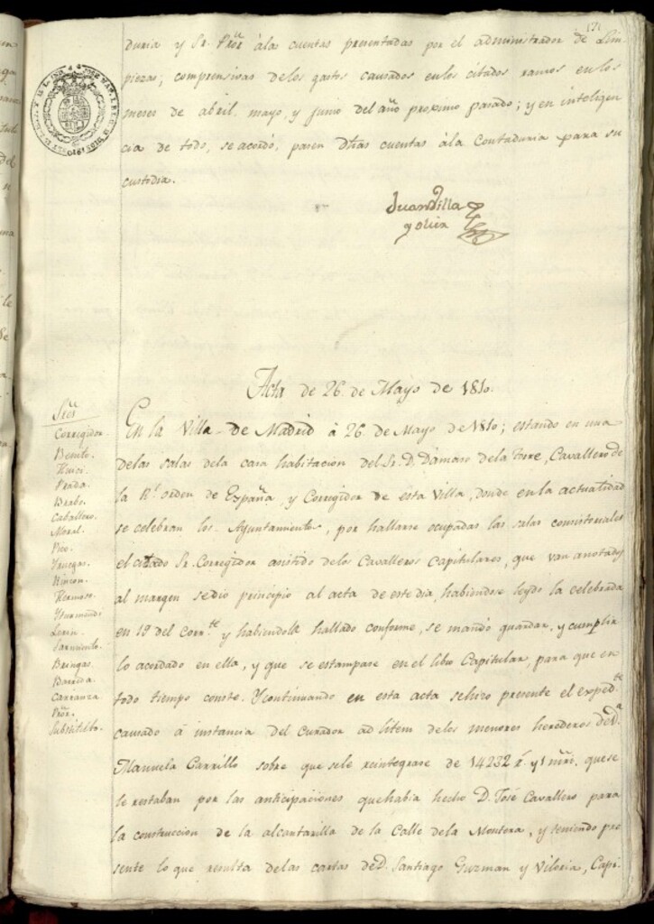 Miniatura de Libro de Acuerdos del Ayuntamiento de Madrid del 26 de mayo de 1810