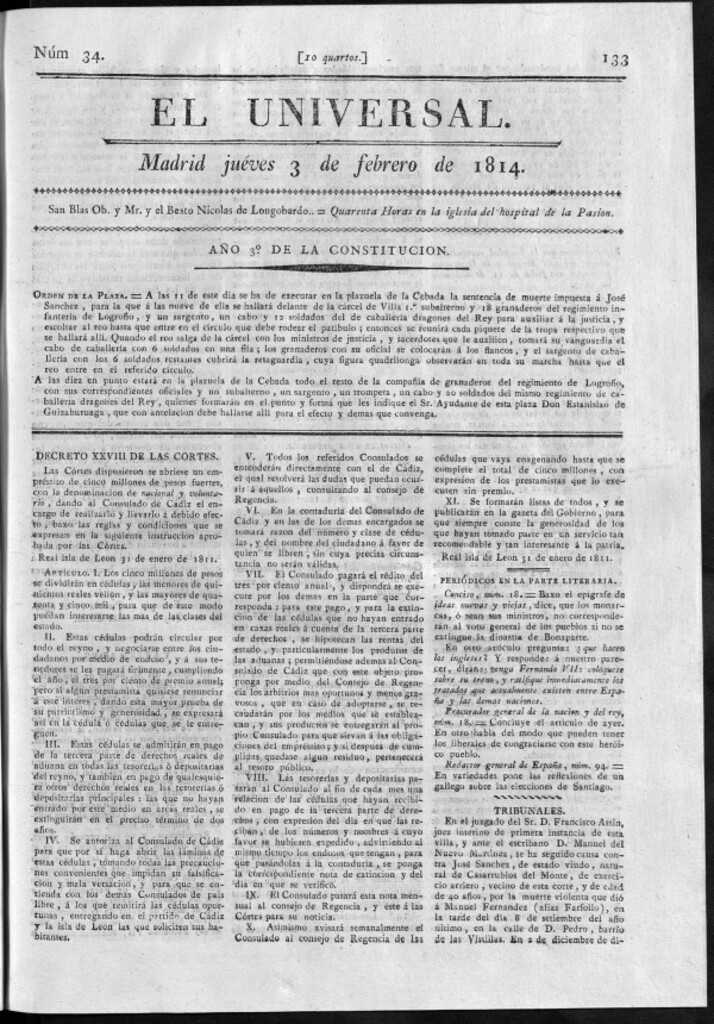Miniatura de El Universal del jueves 3 de febrero de 1814