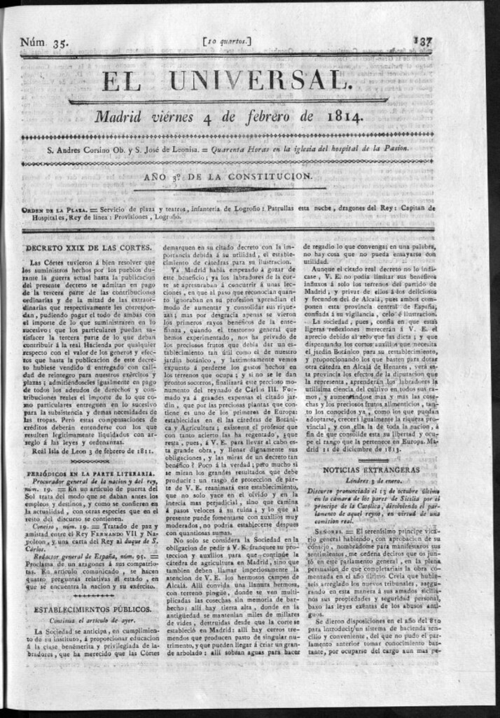 Miniatura de El Universal del viernes 4 de febrero de 1814