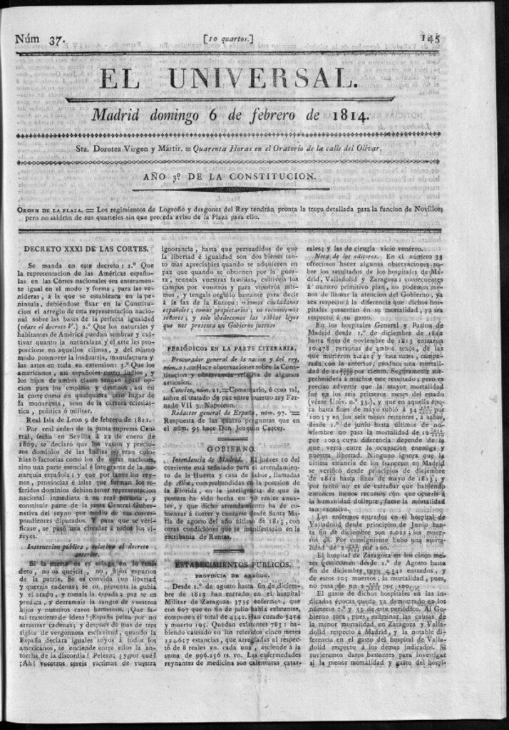 Miniatura de El Universal del domingo 6 de febrero de 1814