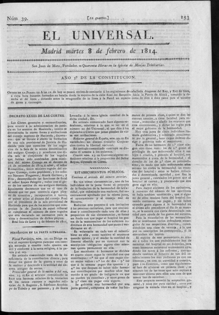 Miniatura de El Universal del martes 8 de febrero de 1814