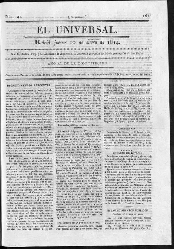 Miniatura de El Universal del jueves 10 de febrero de 1814