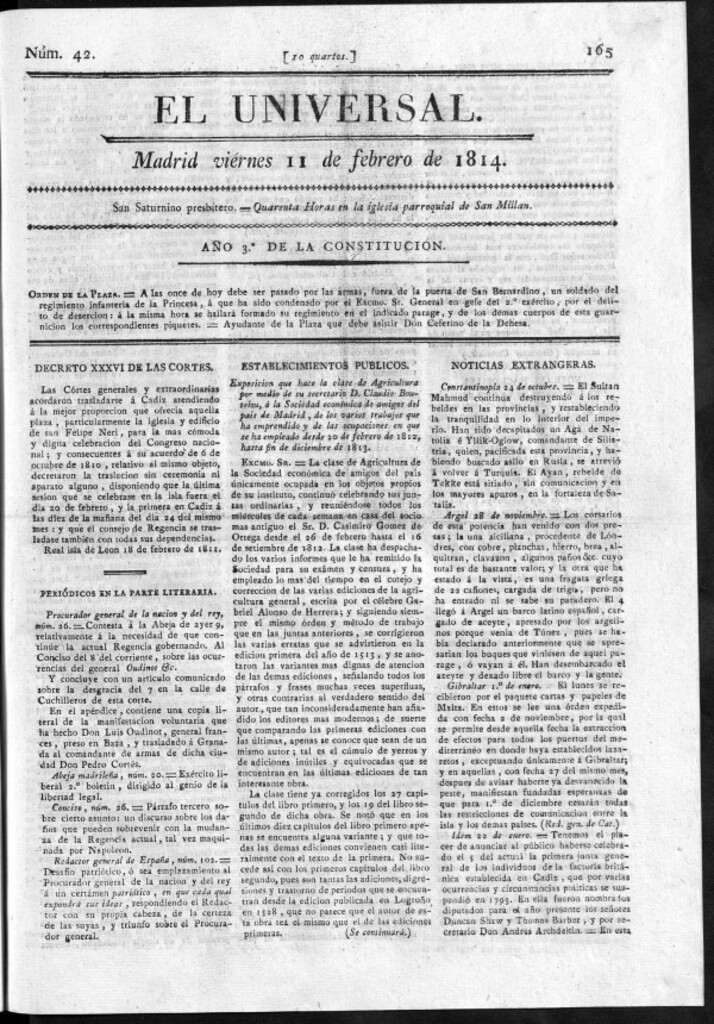 Miniatura de El Universal del viernes 11 de febrero de 1814