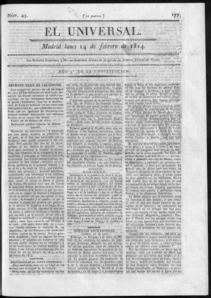 Miniatura de El Universal del lunes 14 de febrero de 1814
