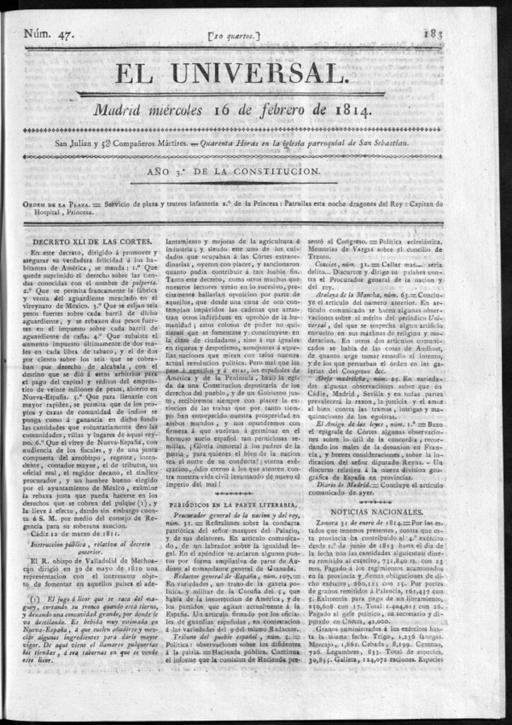 Miniatura de El Universal del miércoles 16 de febrero de 1814
