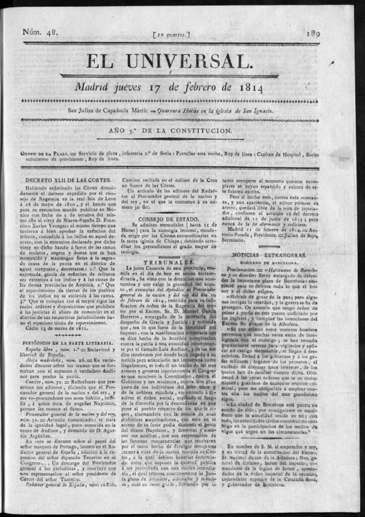Miniatura de El Universal del jueves 17 de febrero de 1814.
