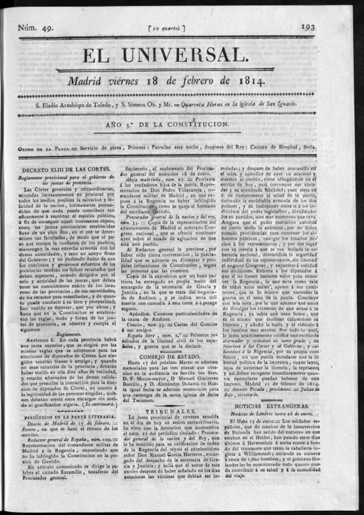 Miniatura de El Universal del viernes 18 de febrero de 1814.